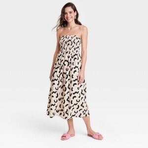 Cream Midi Dress with Black Abstract Print 100% Cotton